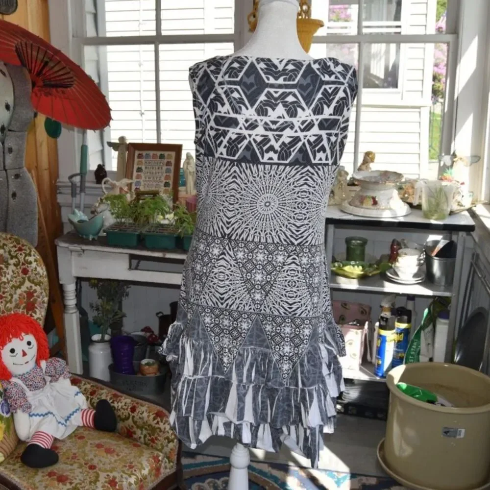 Y2K 'Cover Charge' Rhinestone Tunic Dress Black White Handkerchief Hem M